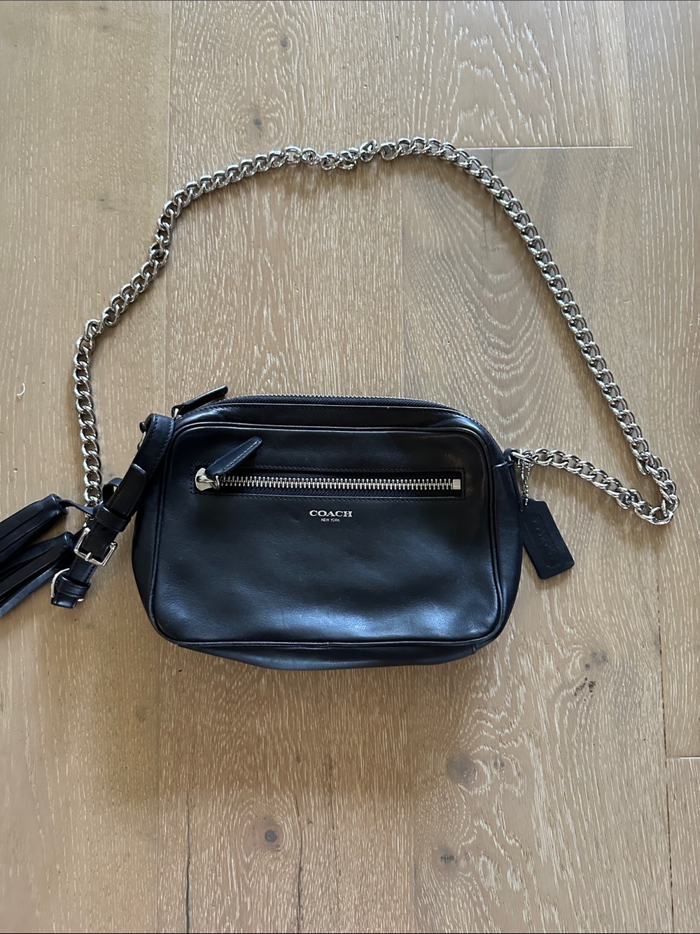 Coach Black Leather Crossbody Camera Bag with Silver Chain